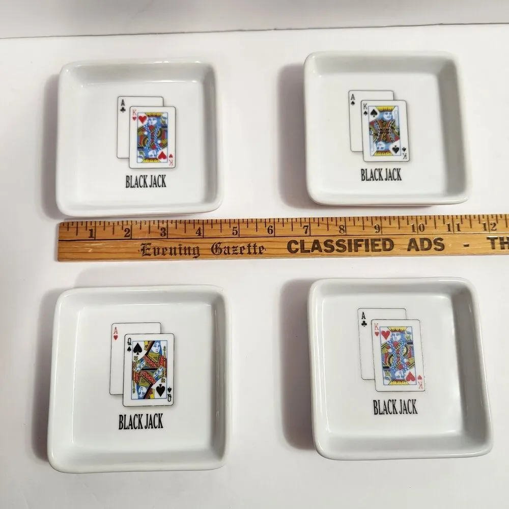Set 4 Bella Casa By Ganz Black Jack Cards Ceramic Trinket Snack Dish Ashtray